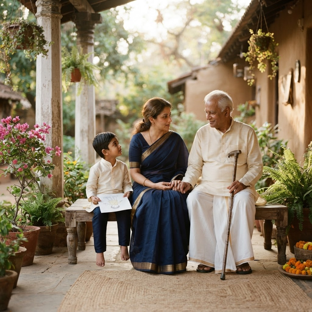 Three generations of an Indian family sitting together on a sunlit veranda